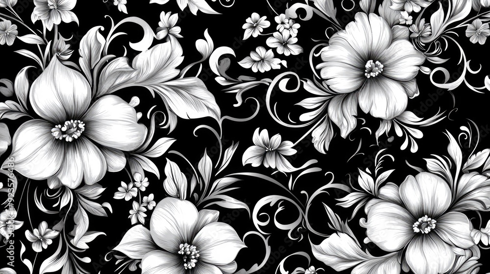 Fototapeta premium Elegant black and white floral pattern background with intricate details