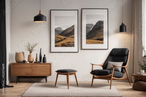 A living room with a black chair and a wooden ottoman