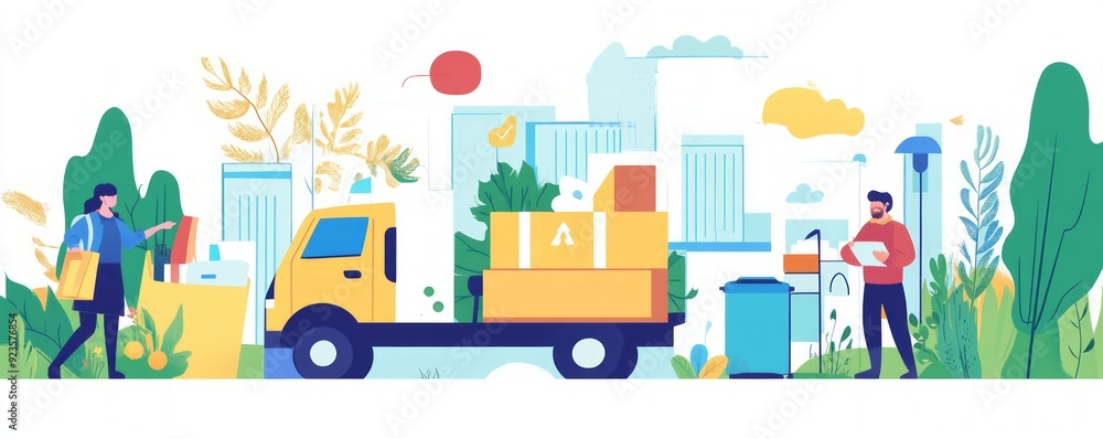 Delivery truck with packages and two people unloading Delivery truck with packages and two people unloading