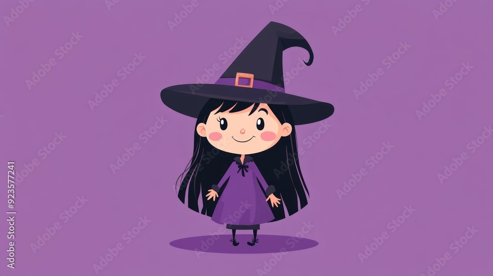 Cute little witch character with a black hat and dress on a purple background Cute little witch character with a black hat and dress on a purple background