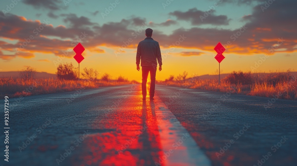Fototapeta premium A figure stands alone on a quiet road, illuminated by the warm hues of sunset, with striking reflections on the wet asphalt