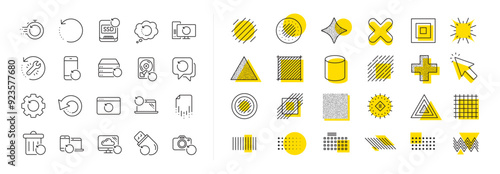 Backup, Restore data and recover document. Design shape elements. Recovery line icons. Laptop renew, repair and phone recovery icons. Drive fix, restore information and return data. Vector