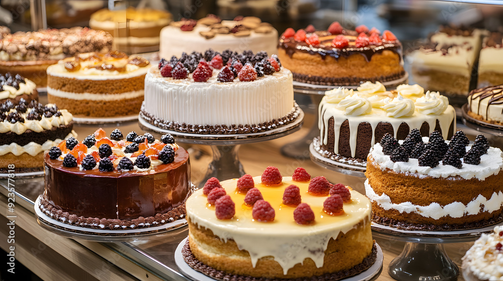 Delicious cakes on display in a bakery commercial advertising photo Delicious cakes on display in a bakery commercial advertising photo