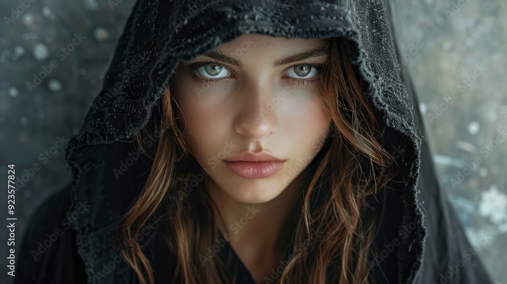 Young woman with piercing eyes wearing a dark hooded cloak in a textured background Young woman with piercing eyes wearing a dark hooded cloak in a textured background