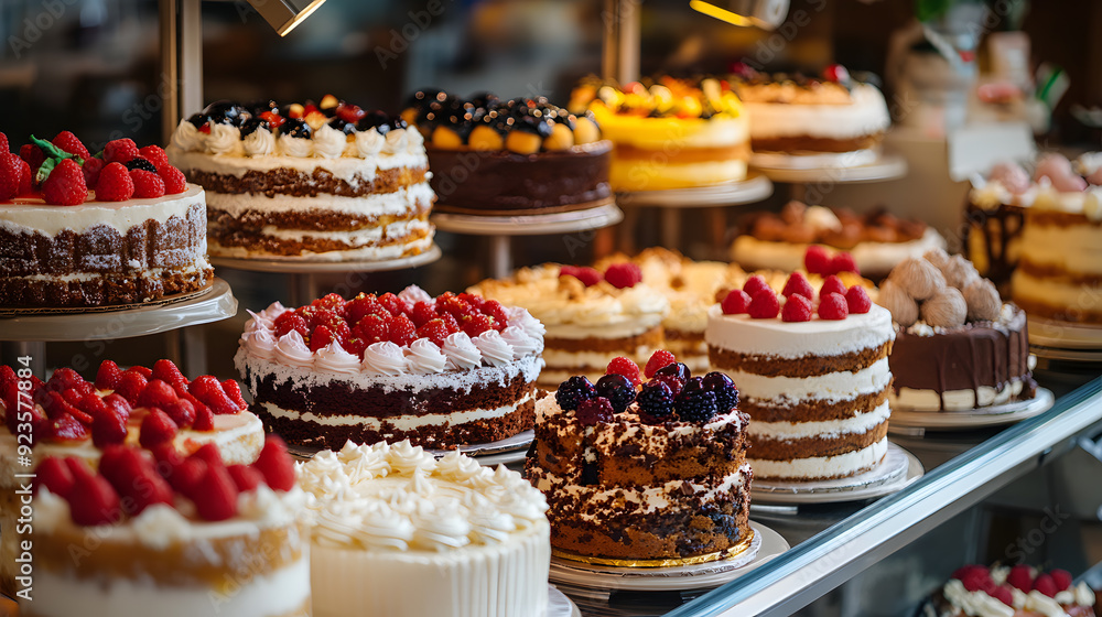 Delicious cakes on display in a bakery commercial advertising photo Delicious cakes on display in a bakery commercial advertising photo