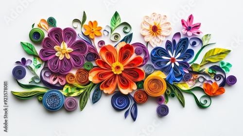 Colorful quilled paper flowers creating intricate and vibrant floral art design on light background.