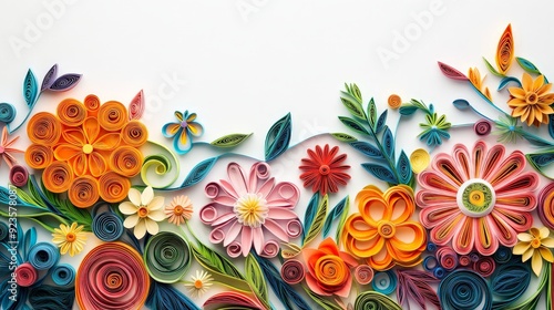 Colorful quilled paper flowers art on white background, showcasing intricate designs and vibrant details, perfect for creative projects. photo