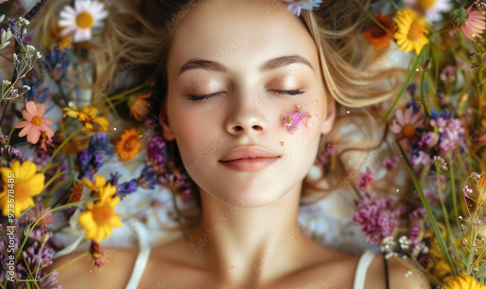 A serene woman lies peacefully with her eyes closed, surrounded by lavender flowers, embodying relaxation, tranquility, and the therapeutic connection to nature A serene woman lies peacefully with her eyes closed, surrounded by lavender flowers, embodying relaxation, tranquility, and the therapeutic connection to nature