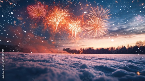 Fireworks over a snowy landscape, creating a stark contrast with the white ground.