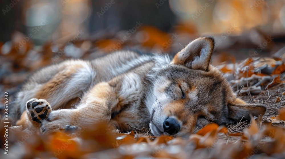 A sleeping wolf rests among fallen autumn leaves in a serene forest setting A sleeping wolf rests among fallen autumn leaves in a serene forest setting