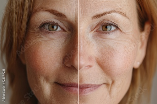 Close-up of a Woman's Face with Visible Skin Texture Before and After Treatment