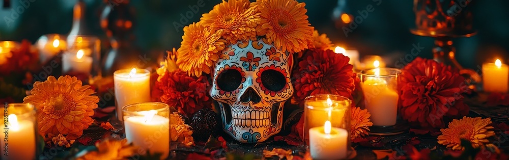 Day of the Dead altar with colorful sugar skulls and candles, vibrant and festive Day of the Dead altar with colorful sugar skulls and candles, vibrant and festive