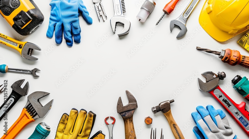 Frame Border Background of Labor Day Concept with Various Tools and Safety Gear on White Surface Frame Border Background of Labor Day Concept with Various Tools and Safety Gear on White Surface