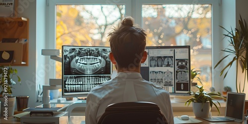 Dentist Analyzing Dental Conditions on Computer in a Dental Clinic: Focus on Oral Care and Diagnosis