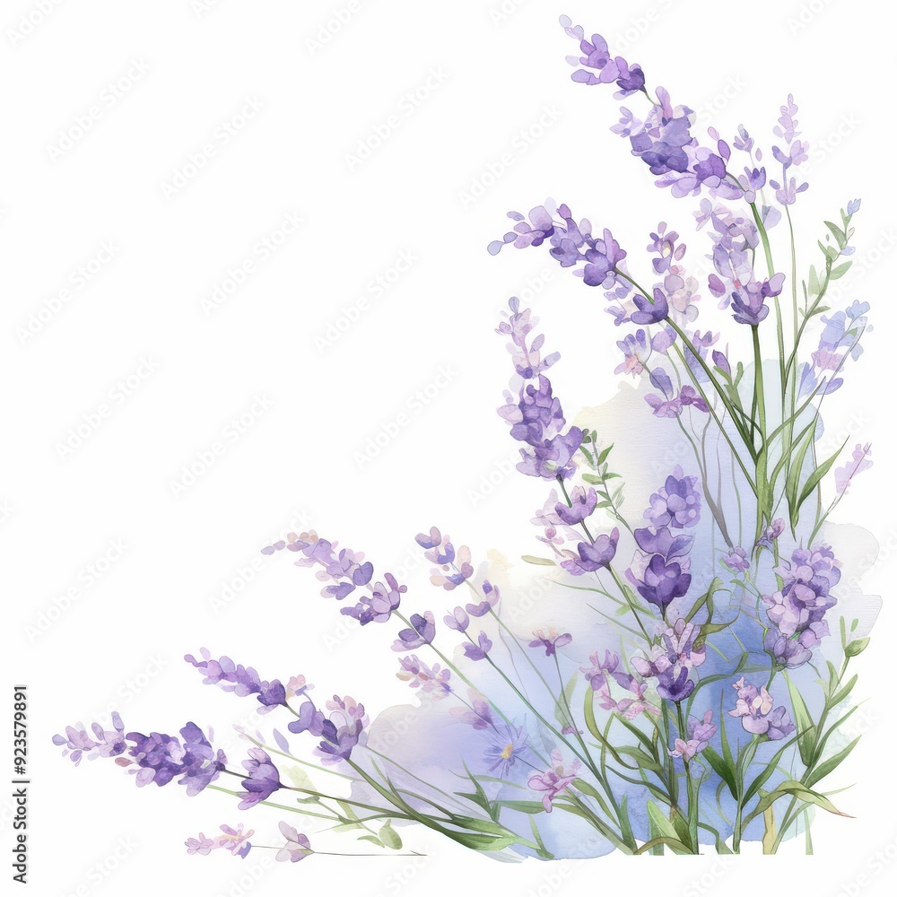 Naklejka premium A beautiful arrangement of lavender flowers with soft watercolor background.