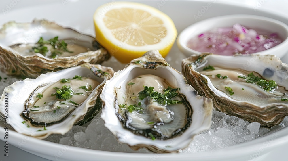 Fresh oysters on the half shell with mignonette sauce and lemon. Fresh oysters on the half shell with mignonette sauce and lemon.