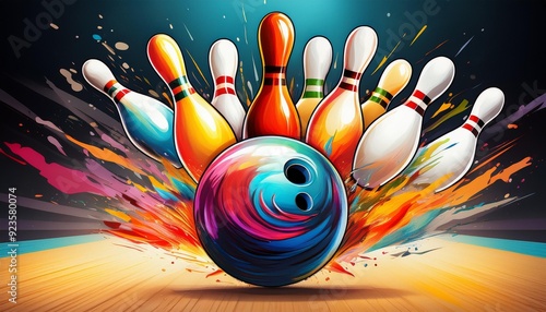 Bowling Strike Colorful Bowling Ball & Pins in Motion