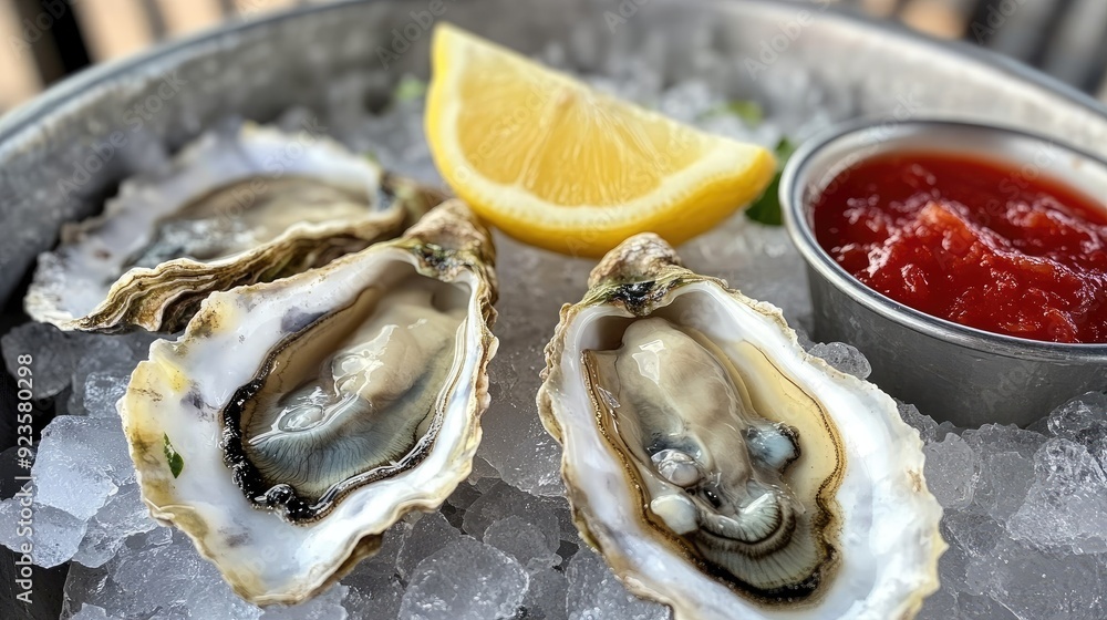 Freshly shucked oysters on ice with lemon and hot sauce. Freshly shucked oysters on ice with lemon and hot sauce.