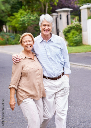 Portrait, hug or happy old couple on road to relax or enjoy bonding together in retirement for peace. Steps, senior woman and man on street with love, support or health in quiet neighborhood