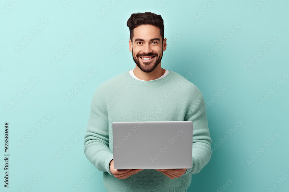 Smiling happy adult man working on laptop, chatting in social networks and checking mail, businessman and job remotely and work from home during covid-19 lockdown, cyber security , data security, IT Smiling happy adult man working on laptop, chatting in social networks and checking mail, businessman and job remotely and work from home during covid-19 lockdown, cyber security , data security, IT