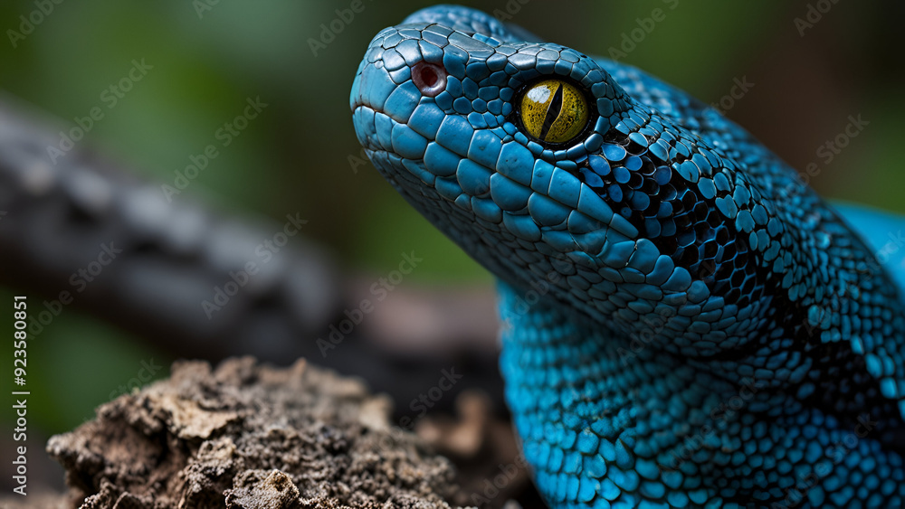 Fototapeta premium Blue Pit Viper from Indonesia, Stunning Close-Up of a Vibrant and Venomous Snake