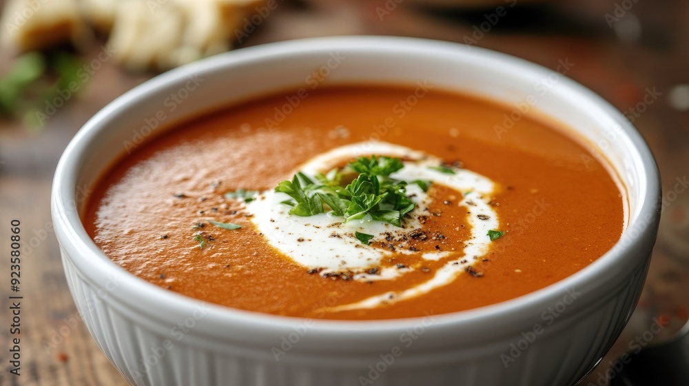 Lobster bisque soup in a white bowl with a swirl of cream. Lobster bisque soup in a white bowl with a swirl of cream.