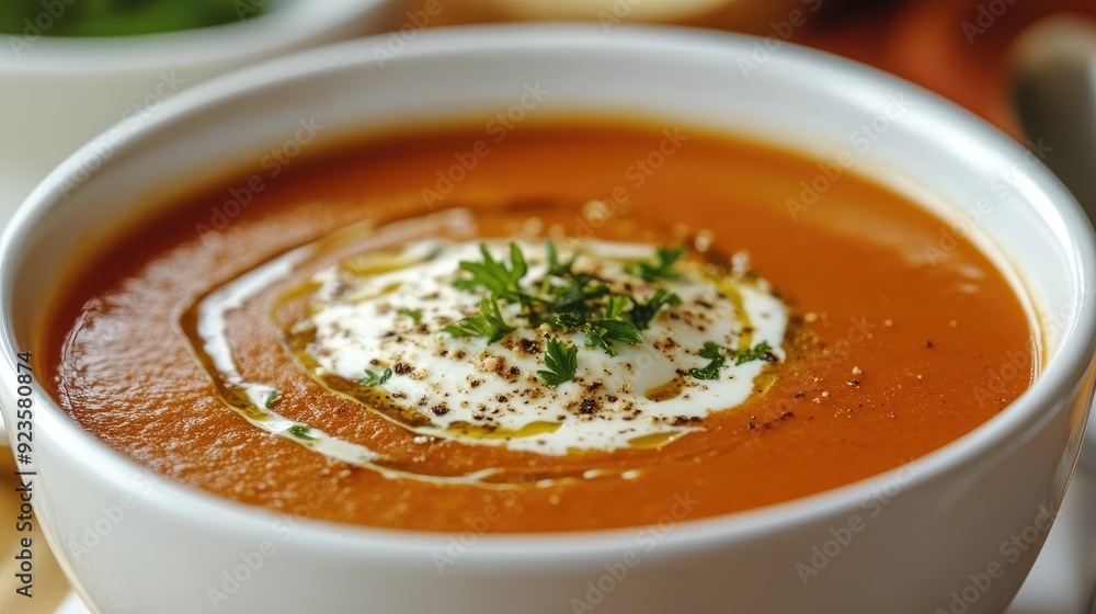 Lobster bisque soup in a white bowl with a swirl of cream. Lobster bisque soup in a white bowl with a swirl of cream.