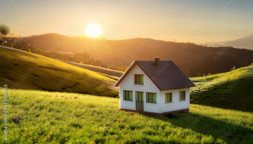 Dream Home on a Green Hill A miniature house nestled amidst rolling green hills, bathed in warm sunlight, evokes a sense of tranquility and peaceful living. Dream Home on a Green Hill A miniature house nestled amidst rolling green hills, bathed in warm sunlight, evokes a sense of tranquility and peaceful living.