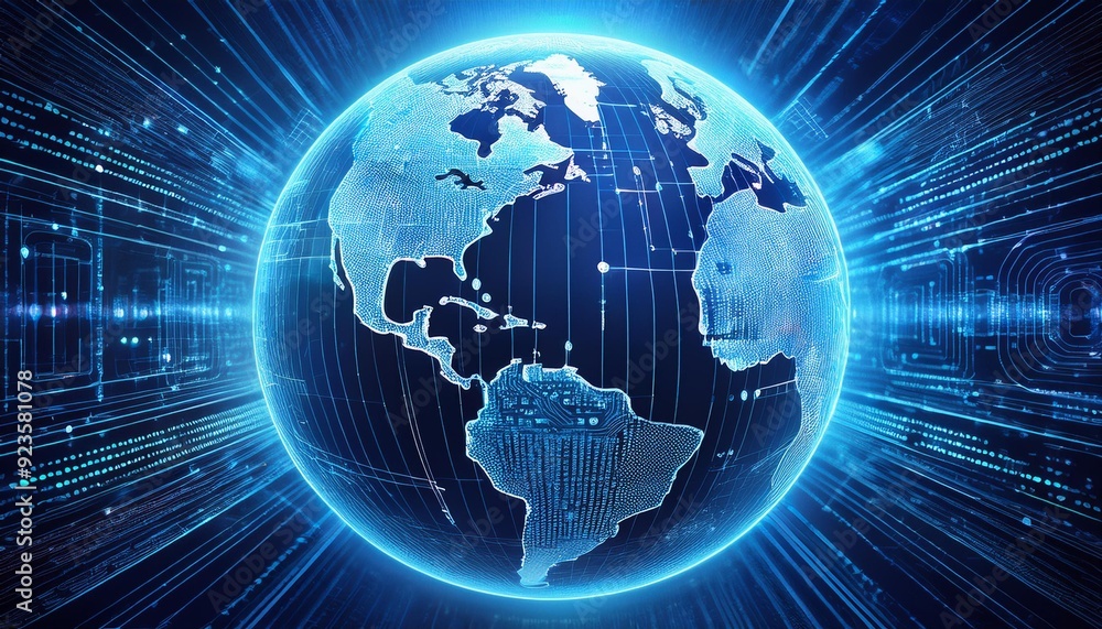 Naklejka premium Earth centered in blue cyberspace made out of code, representing open source software, digital cyberpunk