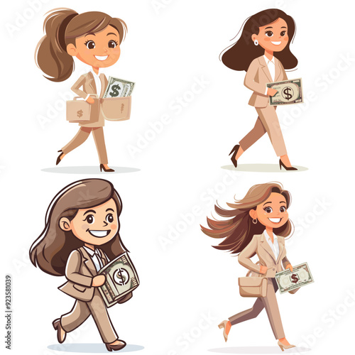 A woman is walking with a $1 bill in her hand. She is smiling and she is happy