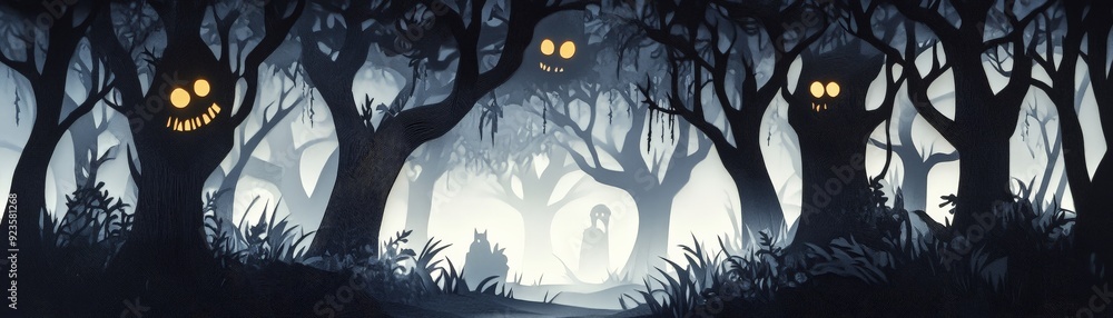 Fototapeta premium Dark, spooky forest scene with glowing eyes and eerie twisted trees creating a haunting atmosphere. Perfect for Halloween or horror themes.