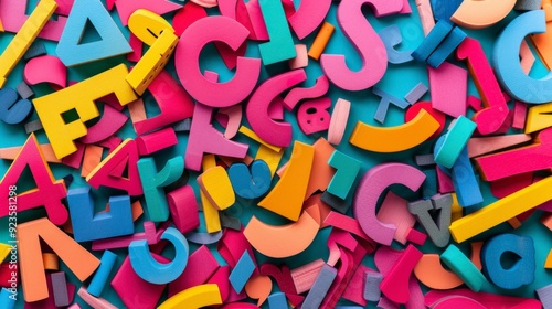 A colorful assortment of foam letters and numbers scattered together, ideal for educational use.