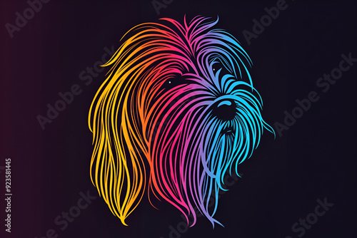 Portrait of Bearded shaggy terrier dog with multicolored neon lines Holographic modern animal logo design on dark background Poster design