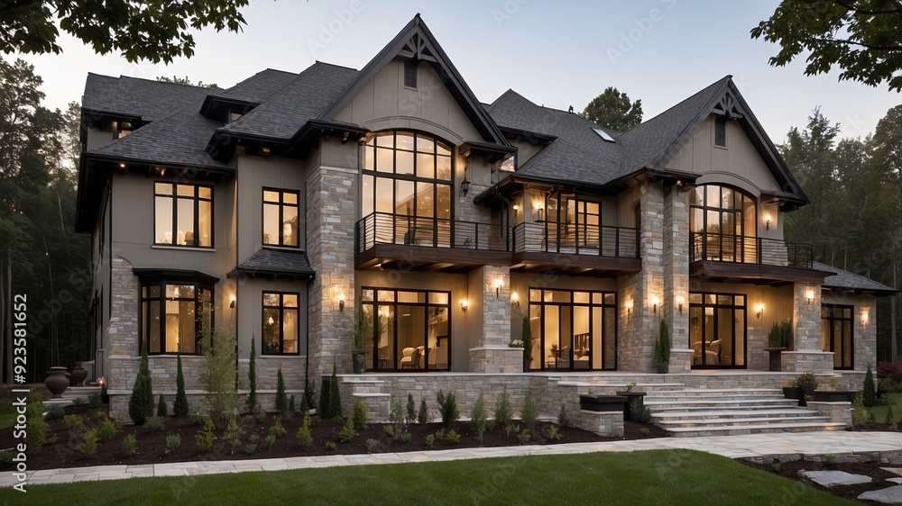 Beautiful modern farmhouse style luxury home exterior at twilight Beautiful modern farmhouse style luxury home exterior at twilight
