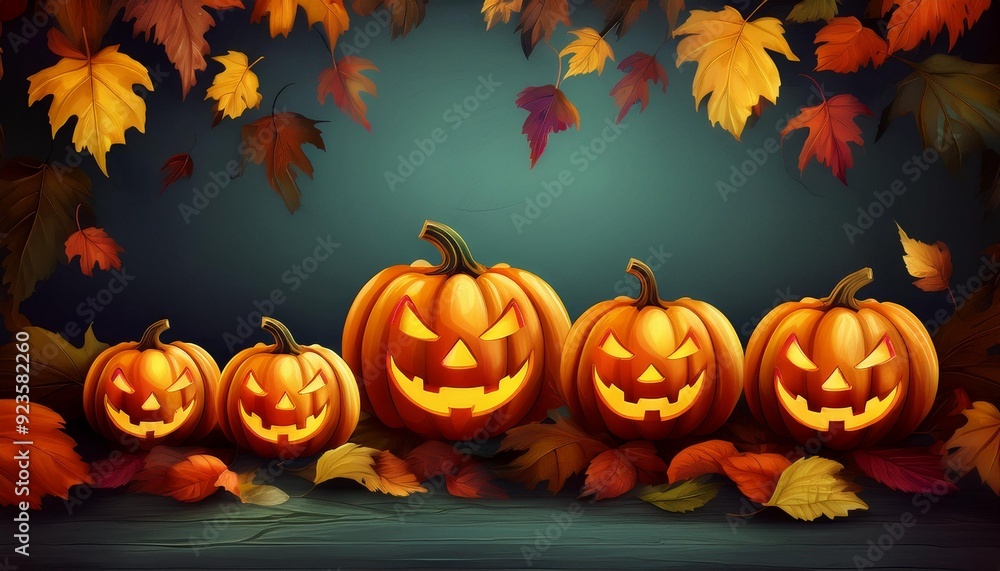 Halloween's Haunting Grin Jack-o'-lanterns glow amidst autumn leaves on a dark slate background, inviting spooky celebrations and festive design. Halloween's Haunting Grin Jack-o'-lanterns glow amidst autumn leaves on a dark slate background, inviting spooky celebrations and festive design.