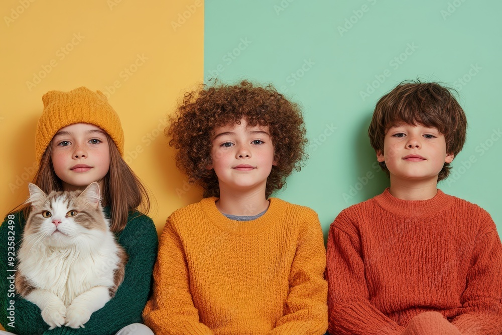 A joyful group of children from diverse backgrounds share a moment of warmth and love with their furry friend in a vibrant setting. A joyful group of children from diverse backgrounds share a moment of warmth and love with their furry friend in a vibrant setting.