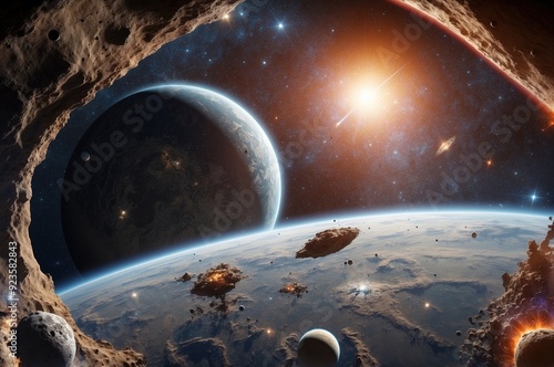 Space galaxy background with saturn planet and asteroids, cartoon universe texture.  photo