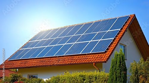 Solar panels on a house roof with a clear blue sky, highlighting clean energy solutions.