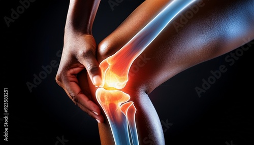 Knee Pain and Anatomy A close-up, skeletal x-ray of a person's knee, illuminated with a bright glow, highlighting the pain point and anatomy of the joint.