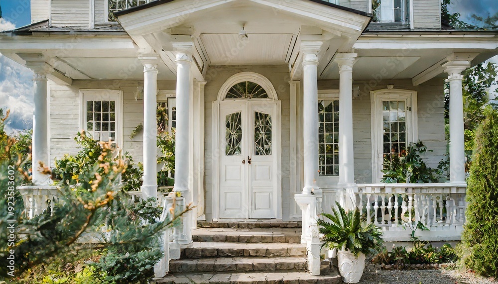 Main entrance door. White front door with porch. Exterior of georgian style home cottage house with columns. Main entrance door. White front door with porch. Exterior of georgian style home cottage house with columns.