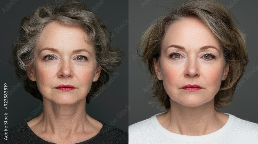 Before and After: Woman with Grey Hair with Makeup and Without Before and After: Woman with Grey Hair with Makeup and Without