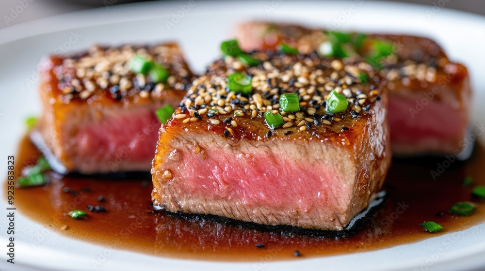 Tuna steak seared rare with a sesame crust and soy glaze. Tuna steak seared rare with a sesame crust and soy glaze.