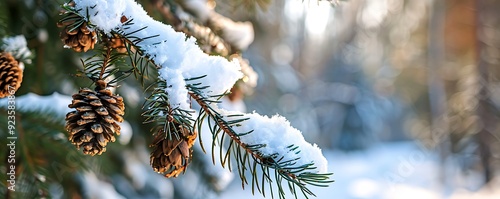 A close-up of a snow-covered pine branch with pine cones set against a blurred background of a winter forest to highlight the intricate details