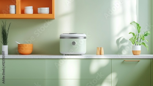 Wallpaper Mural Modern kitchen with a rice cooker on a marble countertop and green cabinetry, featuring natural light streaming through a window and vibrant decor Torontodigital.ca