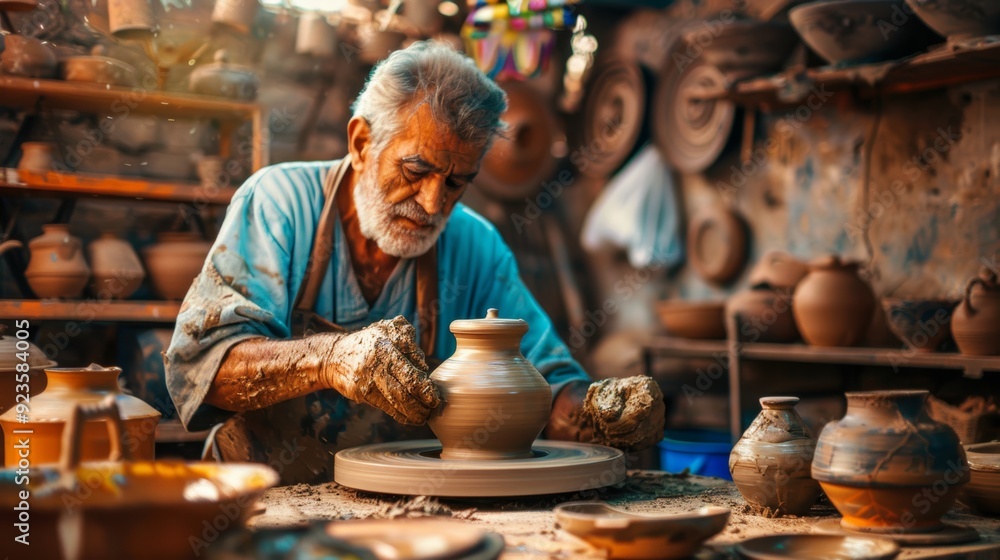 Professional potter making a pot with clay pots on a rotating wheel of a pottery machine in a factory. Folk craft work, creativity and pottery art. Professional potter making a pot with clay pots on a rotating wheel of a pottery machine in a factory. Folk craft work, creativity and pottery art.