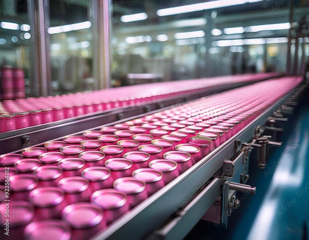 Obraz premium Pink Can Production Line A close-up shot of pink cans moving smoothly along a conveyor belt in a modern factory setting, highlighting the efficiency and precision of industrial production.