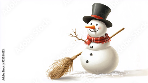 Charming Snowman Illustration with Top Hat and Broomstick in Win photo