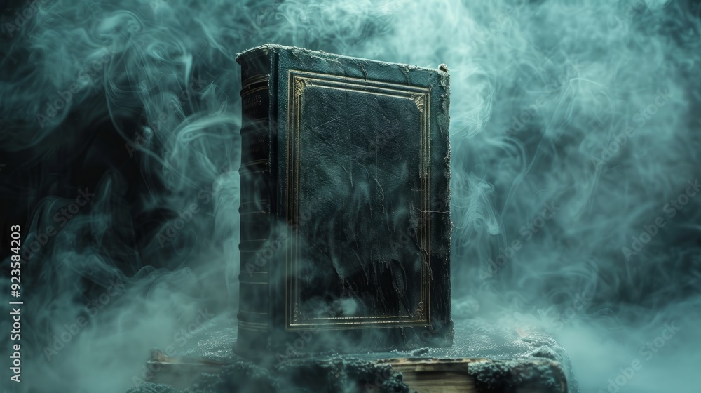 Fototapeta premium A mysterious old book surrounded by swirling smoke in a dimly lit space