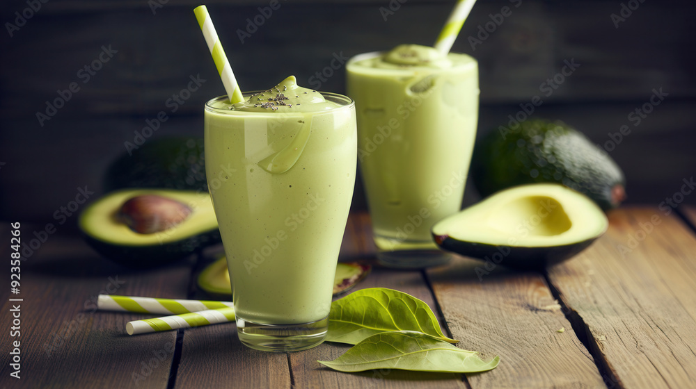 A glass of fresh avocado fruit juice smoothie closeup view A glass of fresh avocado fruit juice smoothie closeup view