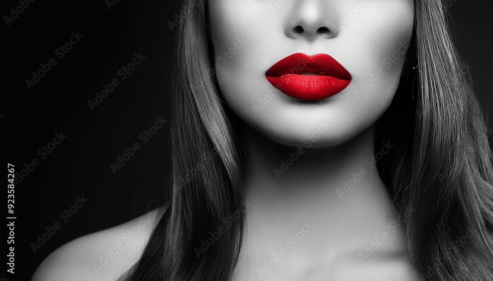 Red Lips, Black and White Beauty A captivating portrait of a woman with striking red lips, her timeless beauty emphasized by the classic black and white photography. Red Lips, Black and White Beauty A captivating portrait of a woman with striking red lips, her timeless beauty emphasized by the classic black and white photography.